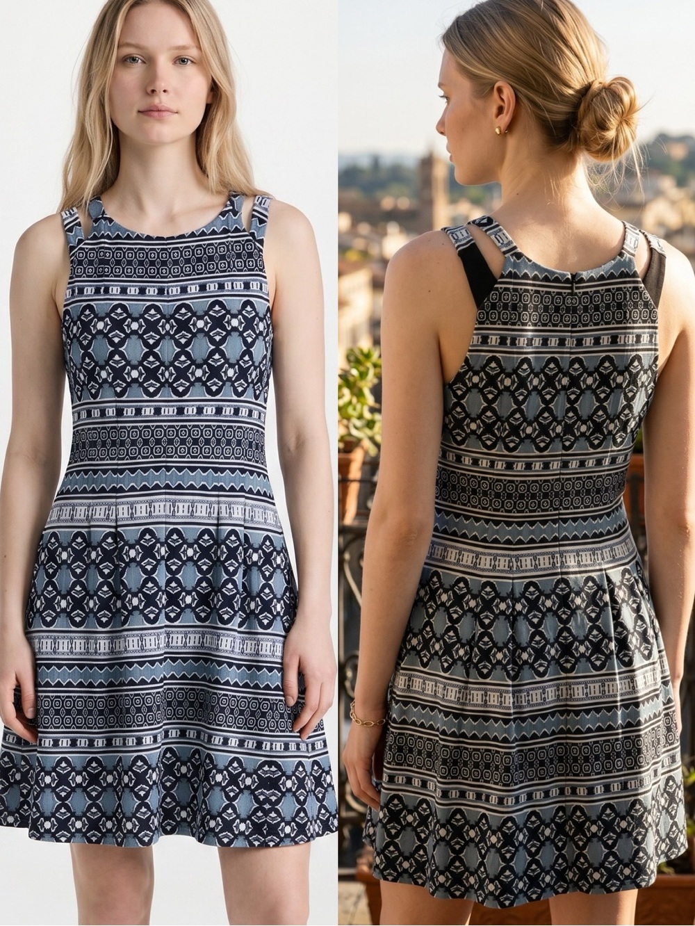 VINCE CAMUTO Blue Black White Geometric Aztec Print Sleeveless Dress Size 8